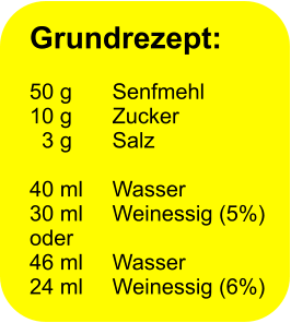 Grundrezept:  50 g	Senfmehl 10 g 	Zucker   3 g	Salz  40 ml 	Wasser 30 ml 	Weinessig (5%) oder 46 ml	Wasser 24 ml	Weinessig (6%)