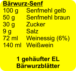 Bärwurz-Senf 100 g 	Senfmehl gelb 50 g 	Senfmehl braun 30 g	Zucker 9 g 		Salz 72 ml 	Weinessig (6%) 140 ml 	Weißwein  1 gehäufter EL Bärwurzblätter